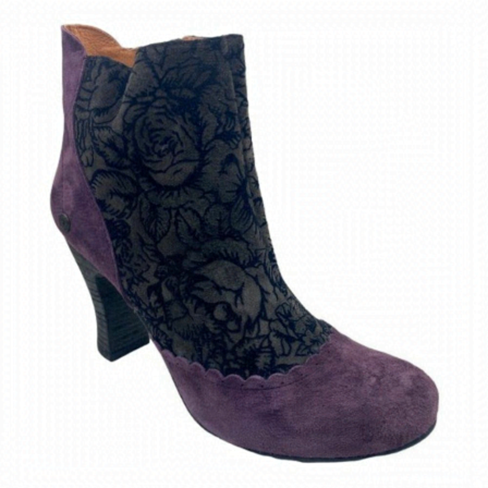 GOLD BUTTON Women's Purple Eggplant Moka Floral Retro Side Zip Booties EU 41
